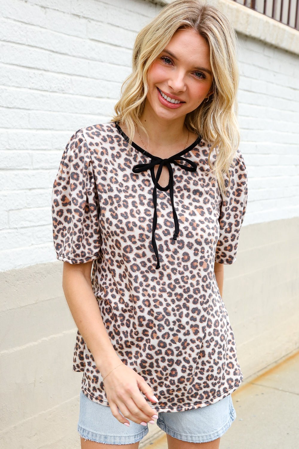 Everyday Animal Print Collar Notch Front Tie Knit Tops - Nikki &amp; Co. Boutique