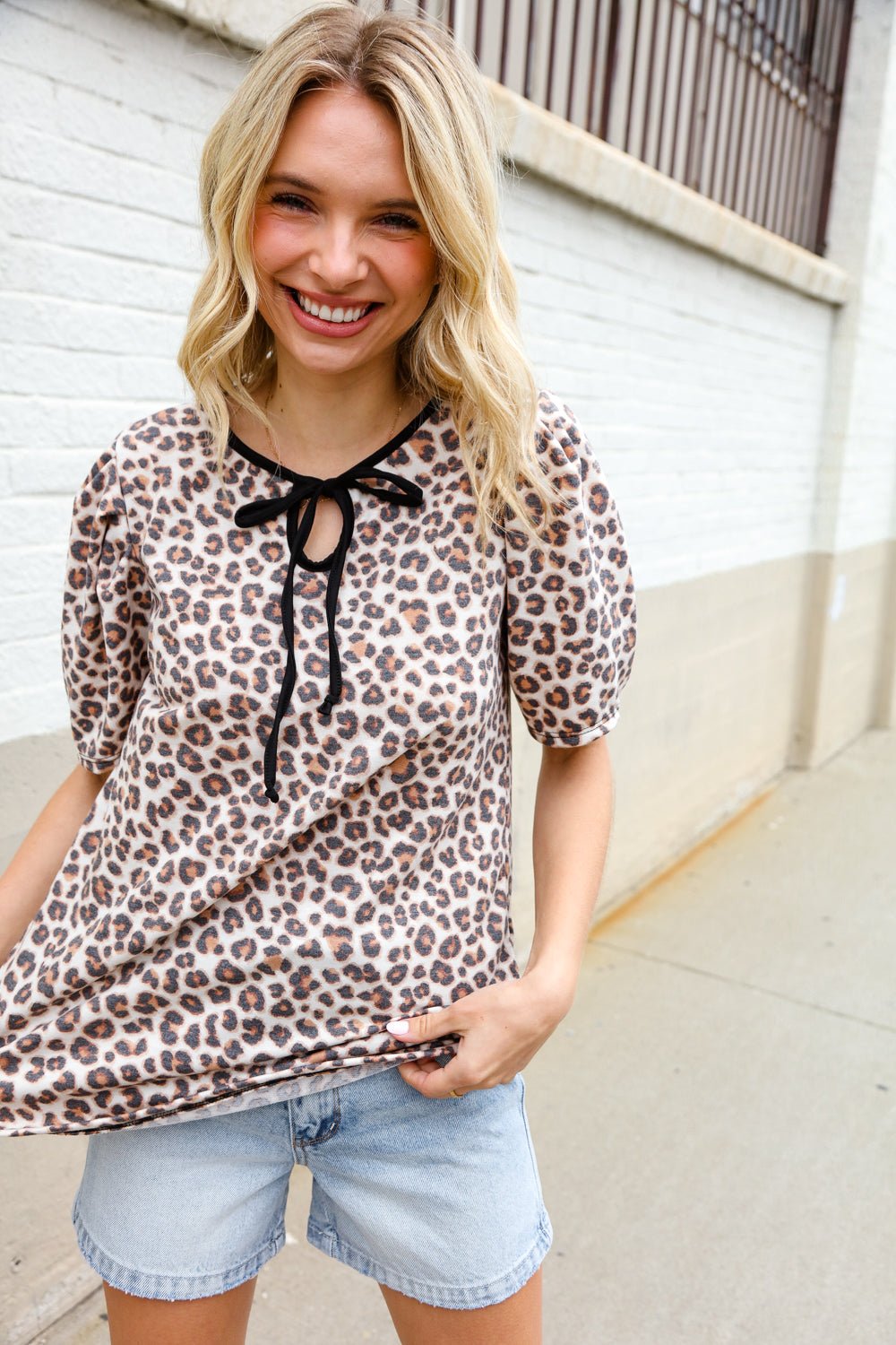 Everyday Animal Print Collar Notch Front Tie Knit Tops - Nikki &amp; Co. Boutique
