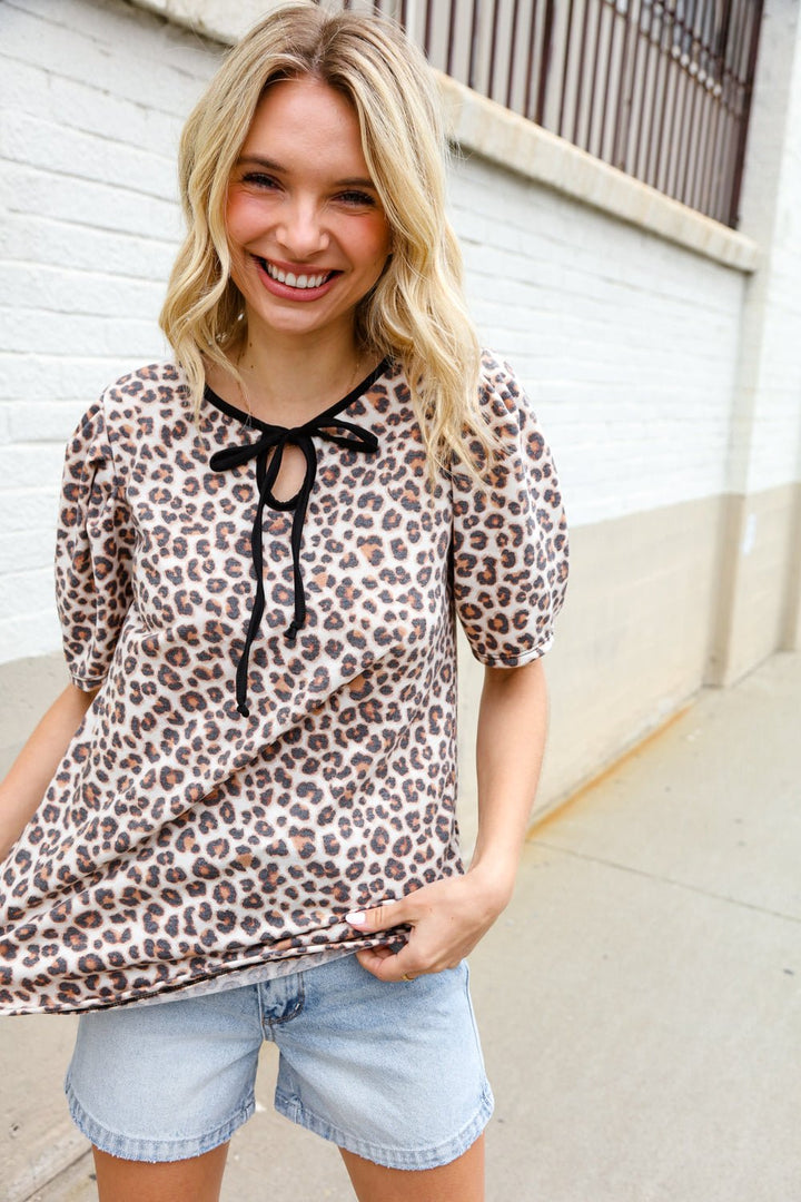 Everyday Animal Print Collar Notch Front Tie Knit Tops - Nikki &amp; Co. Boutique