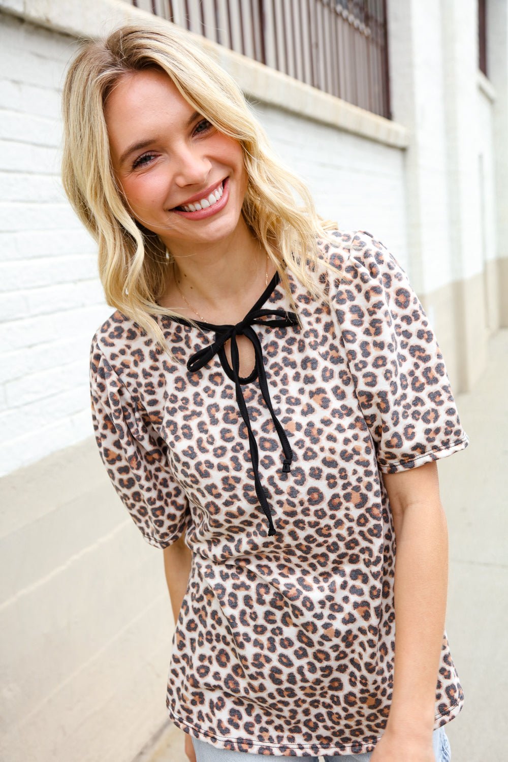 Everyday Animal Print Collar Notch Front Tie Knit Tops - Nikki &amp; Co. Boutique