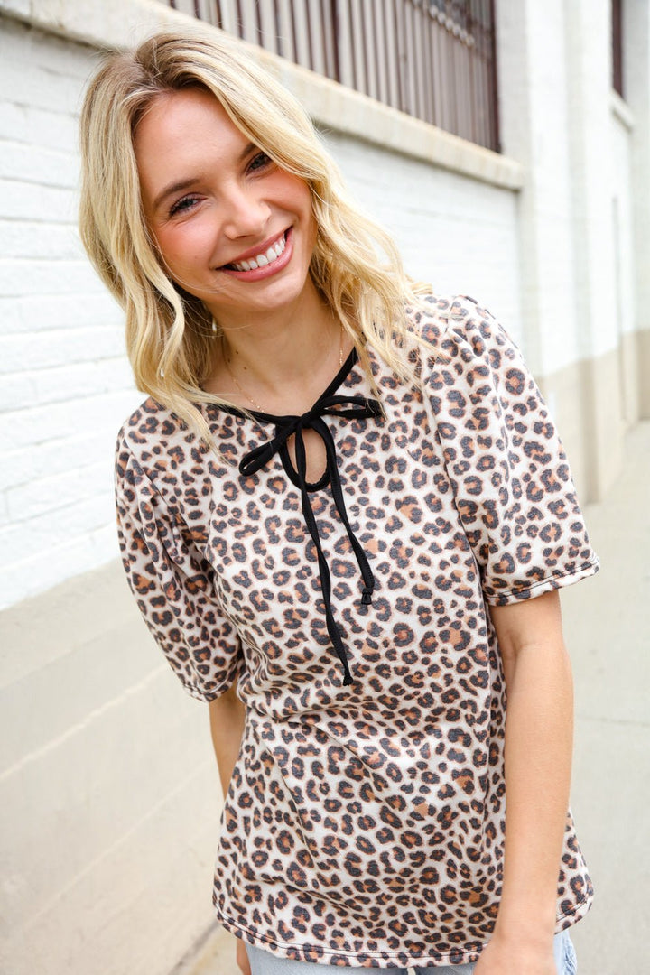 Everyday Animal Print Collar Notch Front Tie Knit Tops - Nikki &amp; Co. Boutique