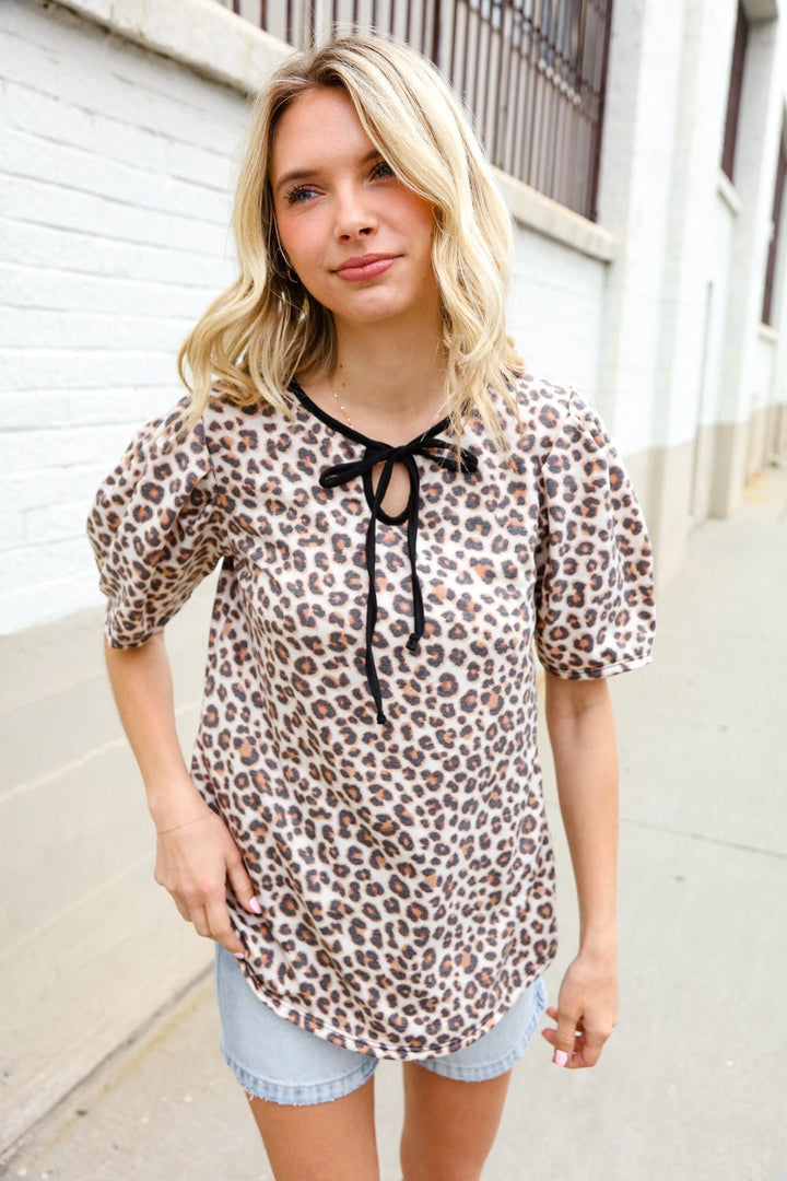 Everyday Animal Print Collar Notch Front Tie Knit Tops - Nikki &amp; Co. Boutique