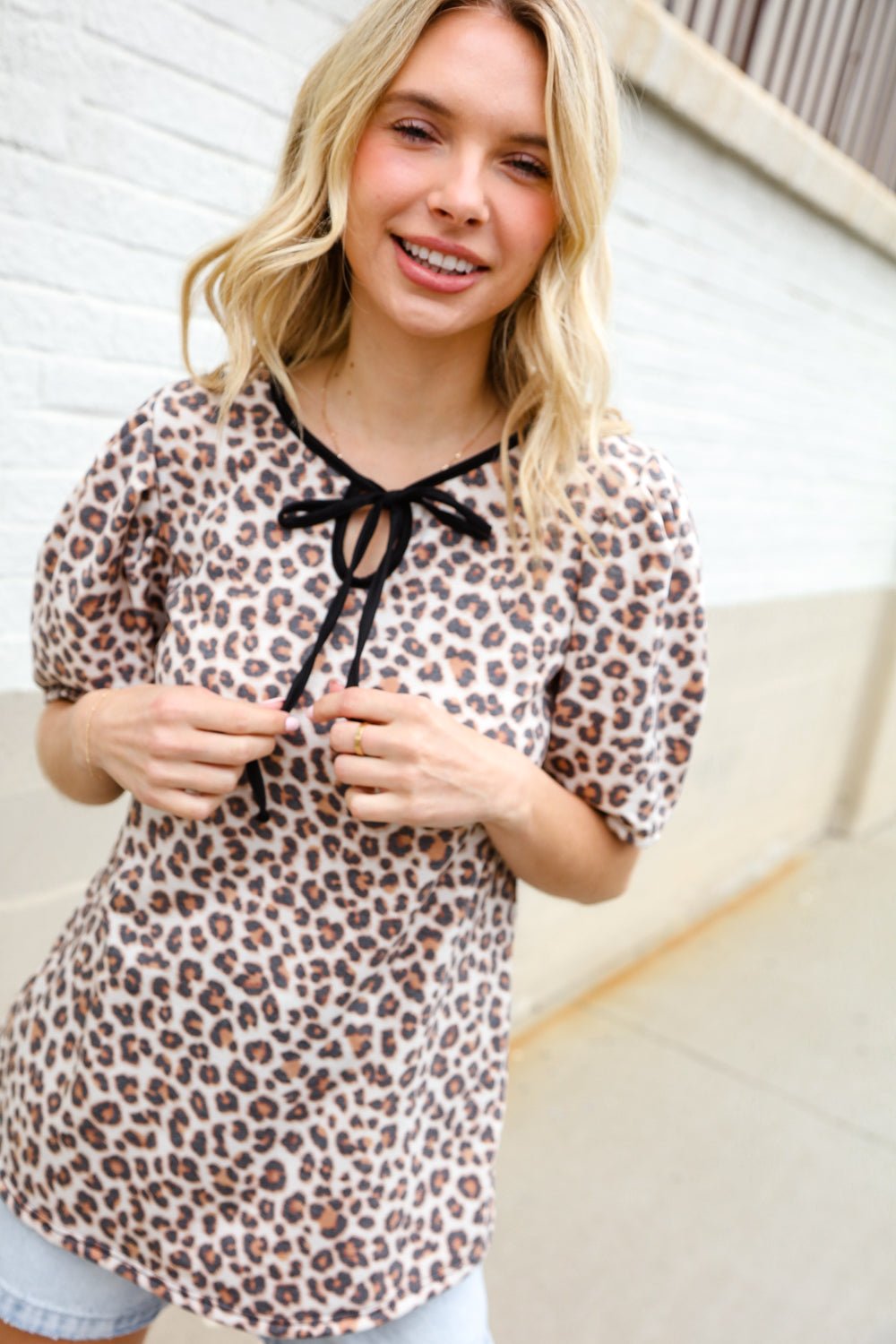 Everyday Animal Print Collar Notch Front Tie Knit Tops - Nikki &amp; Co. Boutique