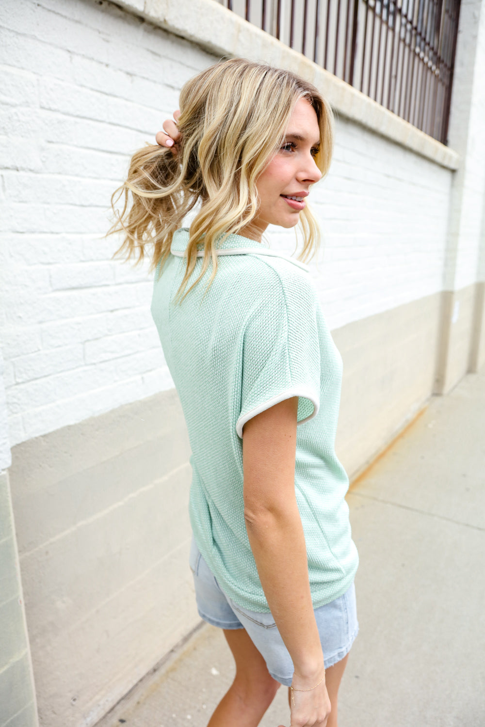 Weekend Ready Sage Collar Notch Neck Waffle Knit Tops | Nikki &amp; Co. Boutique