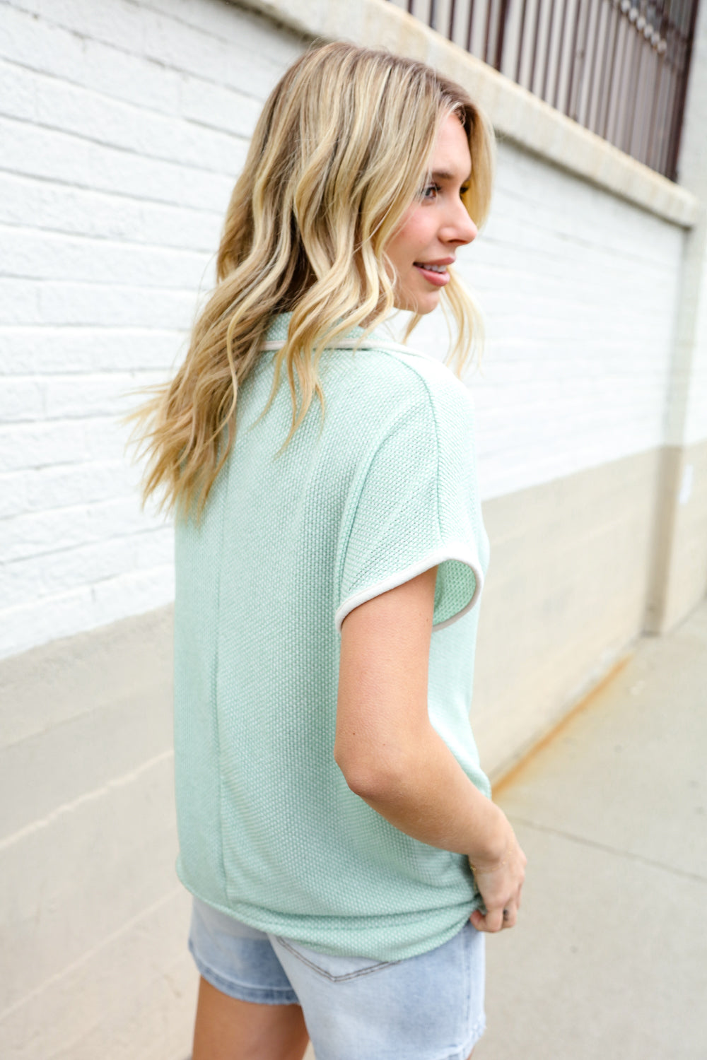 Weekend Ready Sage Collar Notch Neck Waffle Knit Top