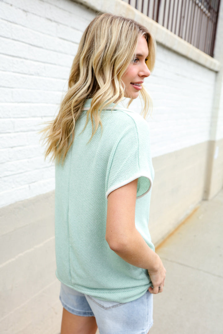 Weekend Ready Sage Collar Notch Neck Waffle Knit Tops | Nikki &amp; Co. Boutique