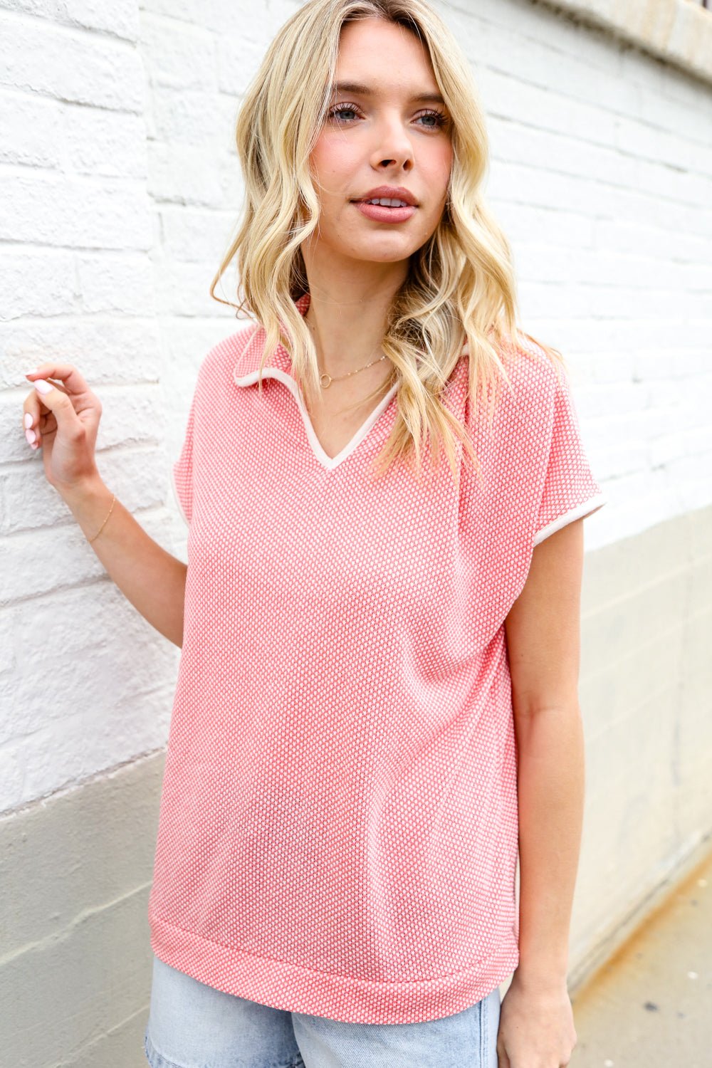 Weekend Ready Coral Collar Notch Neck Waffle Knit Tops - Nikki &amp; Co. Boutique
