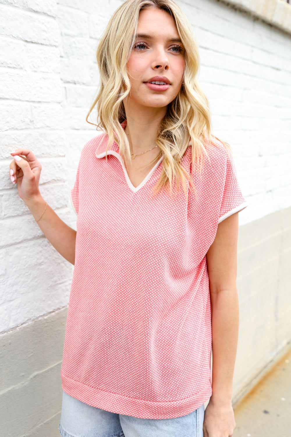 Weekend Ready Coral Collar Notch Neck Waffle Knit Top