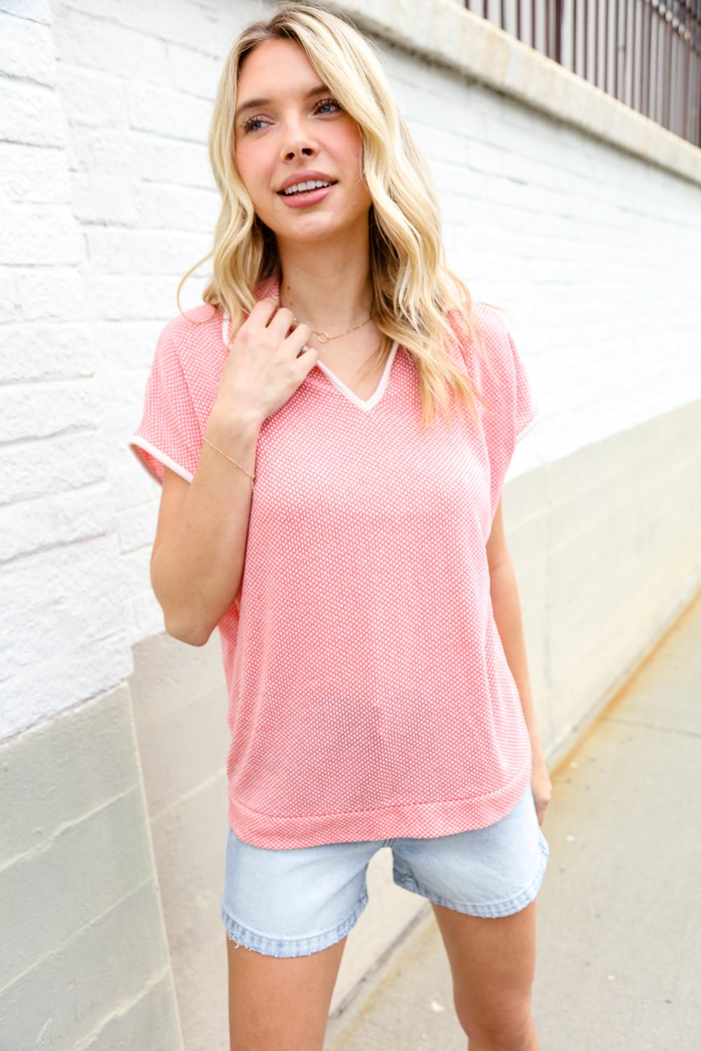 Weekend Ready Coral Collar Notch Neck Waffle Knit Tops - Nikki &amp; Co. Boutique