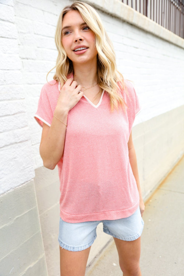 Weekend Ready Coral Collar Notch Neck Waffle Knit Tops - Nikki &amp; Co. Boutique