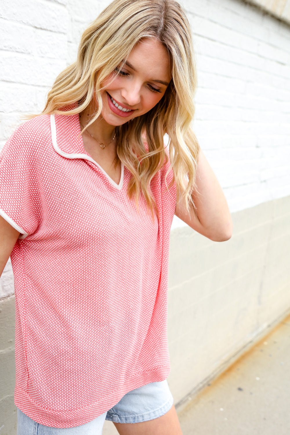 Weekend Ready Coral Collar Notch Neck Waffle Knit Tops - Nikki &amp; Co. Boutique