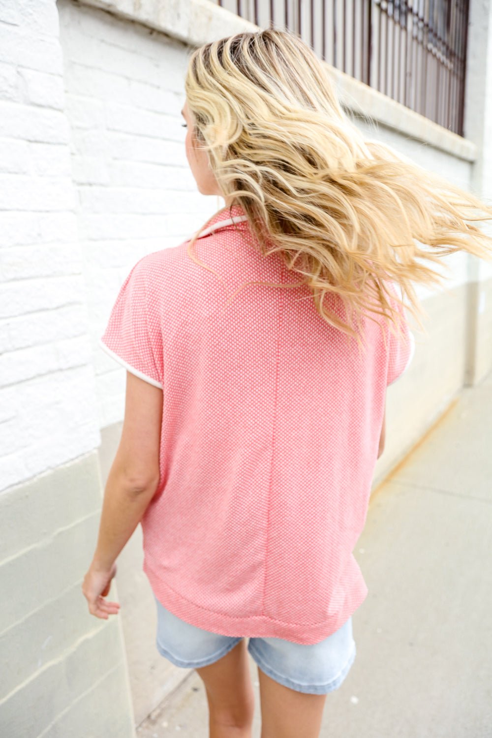 Weekend Ready Coral Collar Notch Neck Waffle Knit Tops - Nikki &amp; Co. Boutique