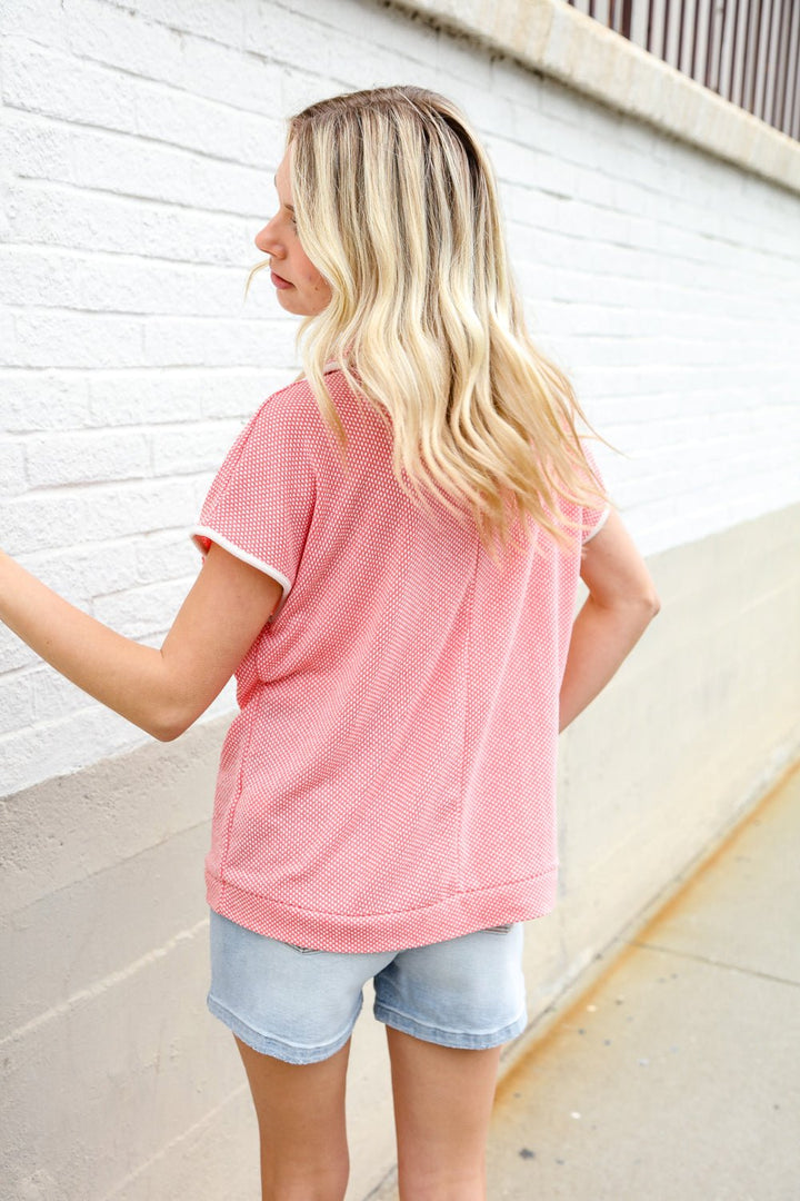 Weekend Ready Coral Collar Notch Neck Waffle Knit Tops - Nikki &amp; Co. Boutique