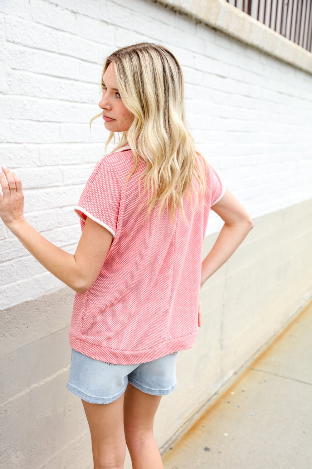 Weekend Ready Coral Collar Notch Neck Waffle Knit Tops - Nikki &amp; Co. Boutique