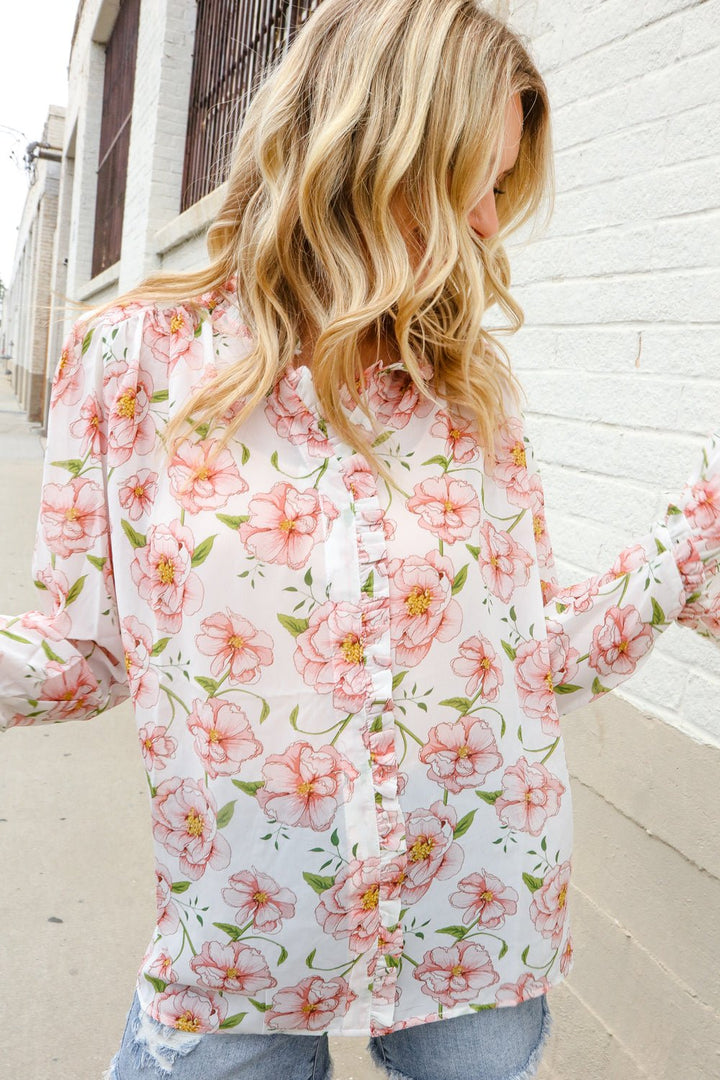 The Feminine Touch Chiffon Button-Down Floral Ruffle Sleeve Blouse | Nikki &amp; Co. Boutique
