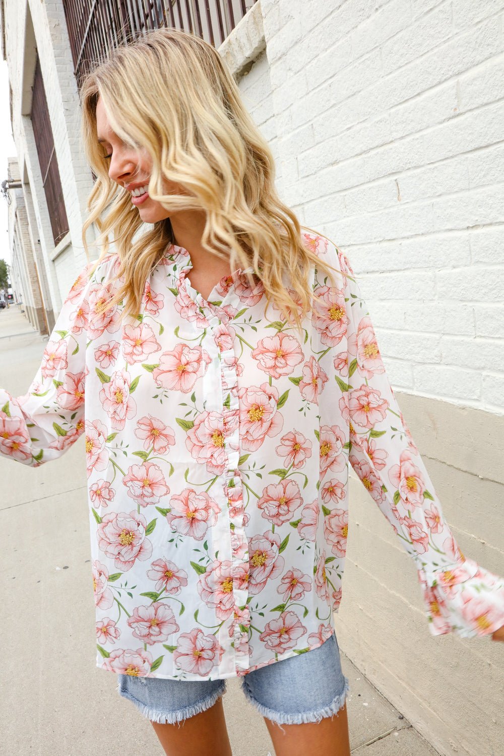 The Feminine Touch Chiffon Button-Down Floral Ruffle Sleeve Blouse | Nikki &amp; Co. Boutique