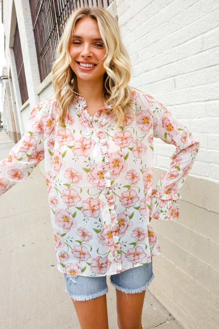 The Feminine Touch Chiffon Button-Down Floral Ruffle Sleeve Blouse | Nikki &amp; Co. Boutique