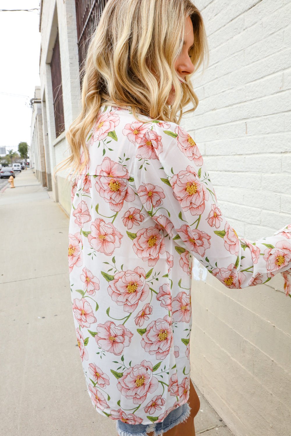 The Feminine Touch Chiffon Button-Down Floral Ruffle Sleeve Blouse | Nikki &amp; Co. Boutique
