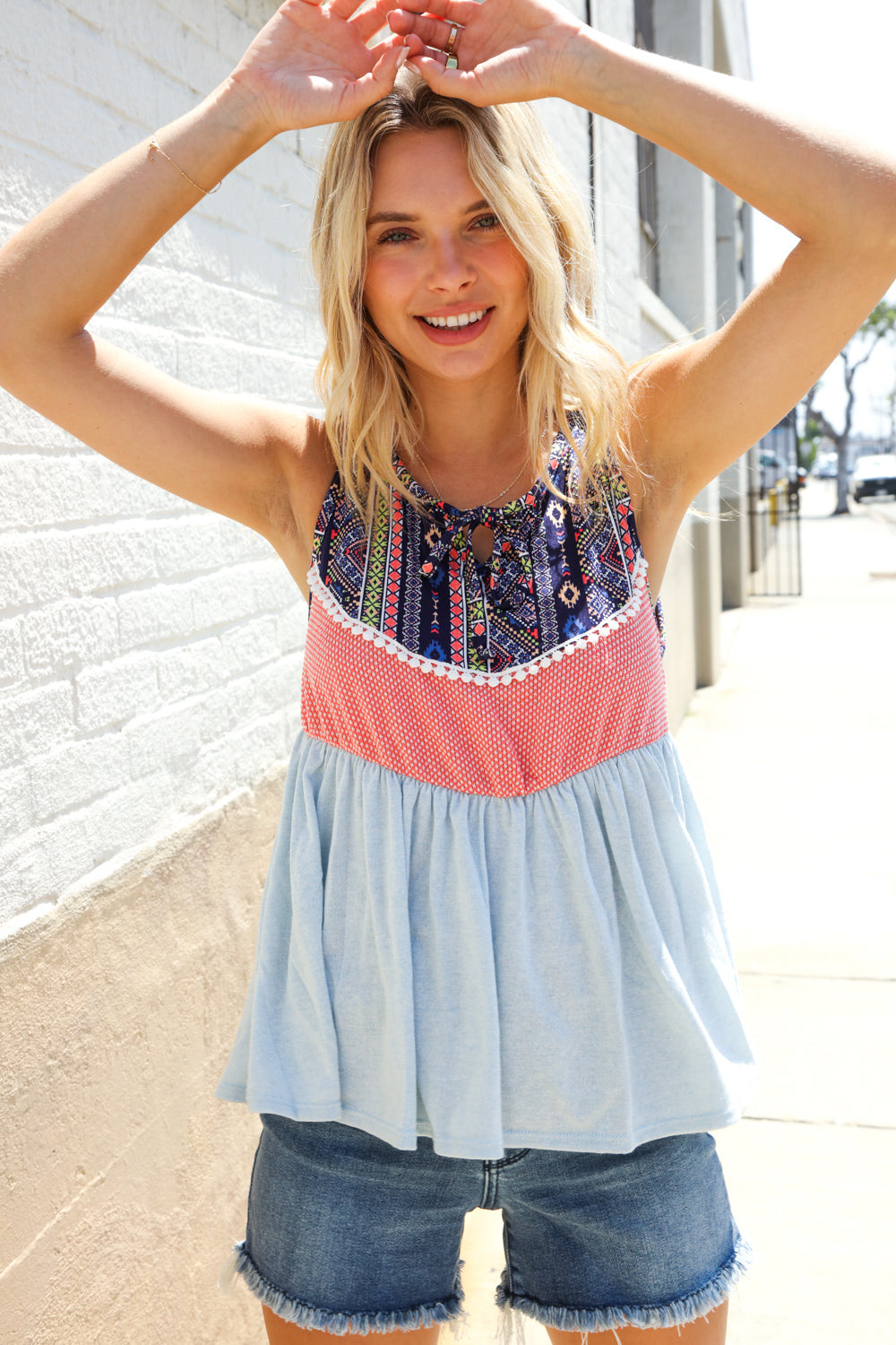 Vacay Vibes Coral/Blue Boho Print Color Block Sleeveless Top