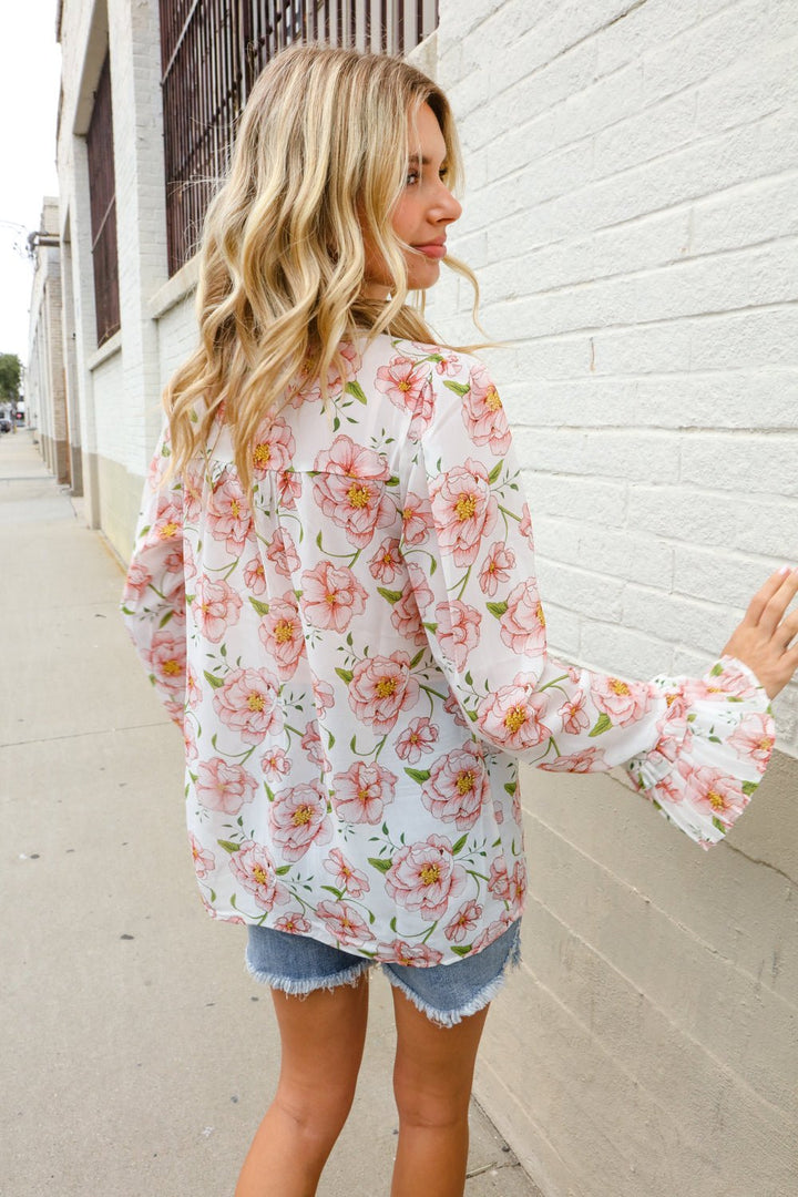 The Feminine Touch Chiffon Button-Down Floral Ruffle Sleeve Blouse | Nikki &amp; Co. Boutique