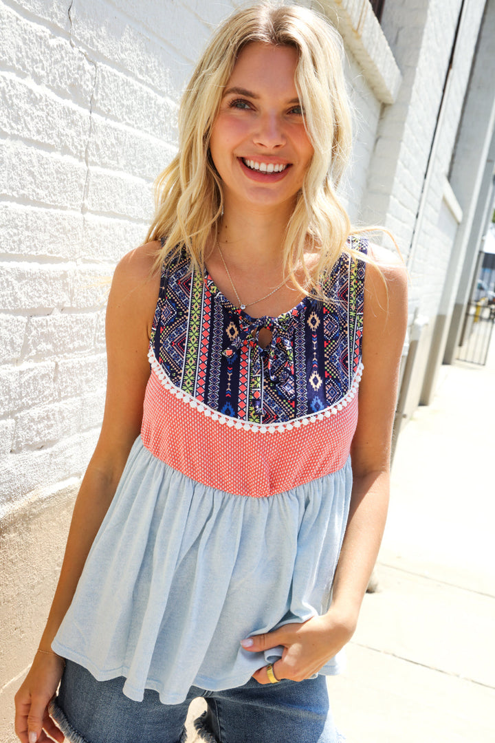 Vacay Vibes Coral/Blue Boho Print Color Block Sleeveless Top | Nikki &amp; Co. Boutique