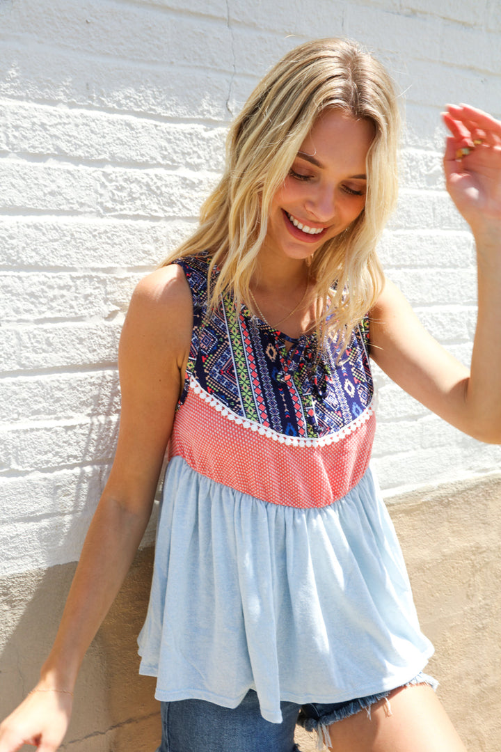 Vacay Vibes Coral/Blue Boho Print Color Block Sleeveless Top | Nikki &amp; Co. Boutique