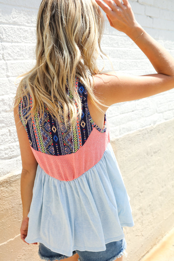 Vacay Vibes Coral/Blue Boho Print Color Block Sleeveless Top | Nikki &amp; Co. Boutique