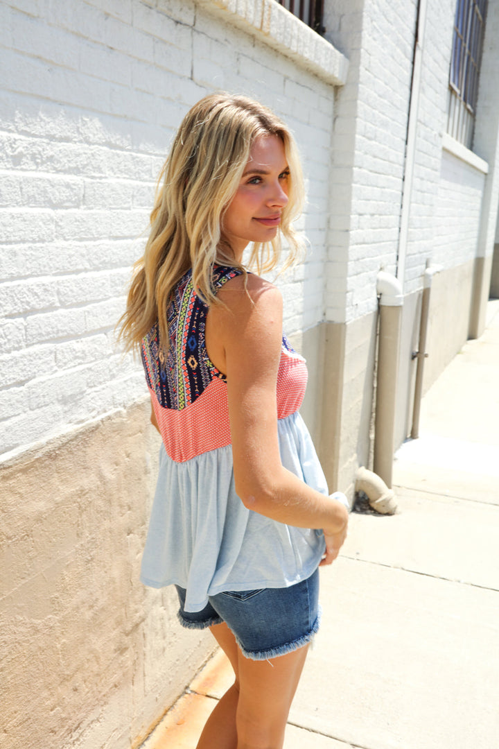 Vacay Vibes Coral/Blue Boho Print Color Block Sleeveless Top | Nikki &amp; Co. Boutique