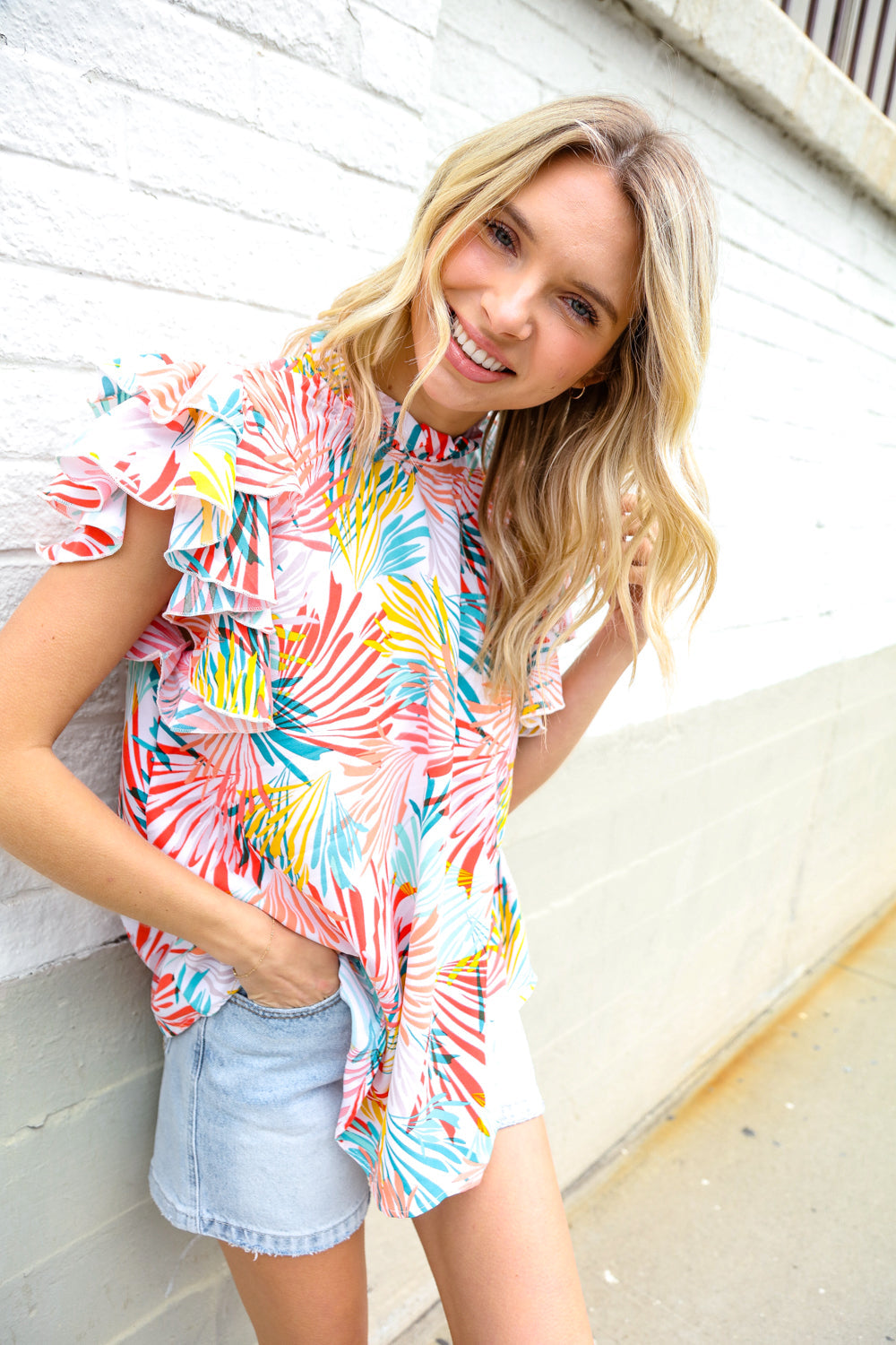 Eyes On You Ivory Abstract Print Frill Neck Double Flutter Sleeve Tops | Nikki &amp; Co. Boutique