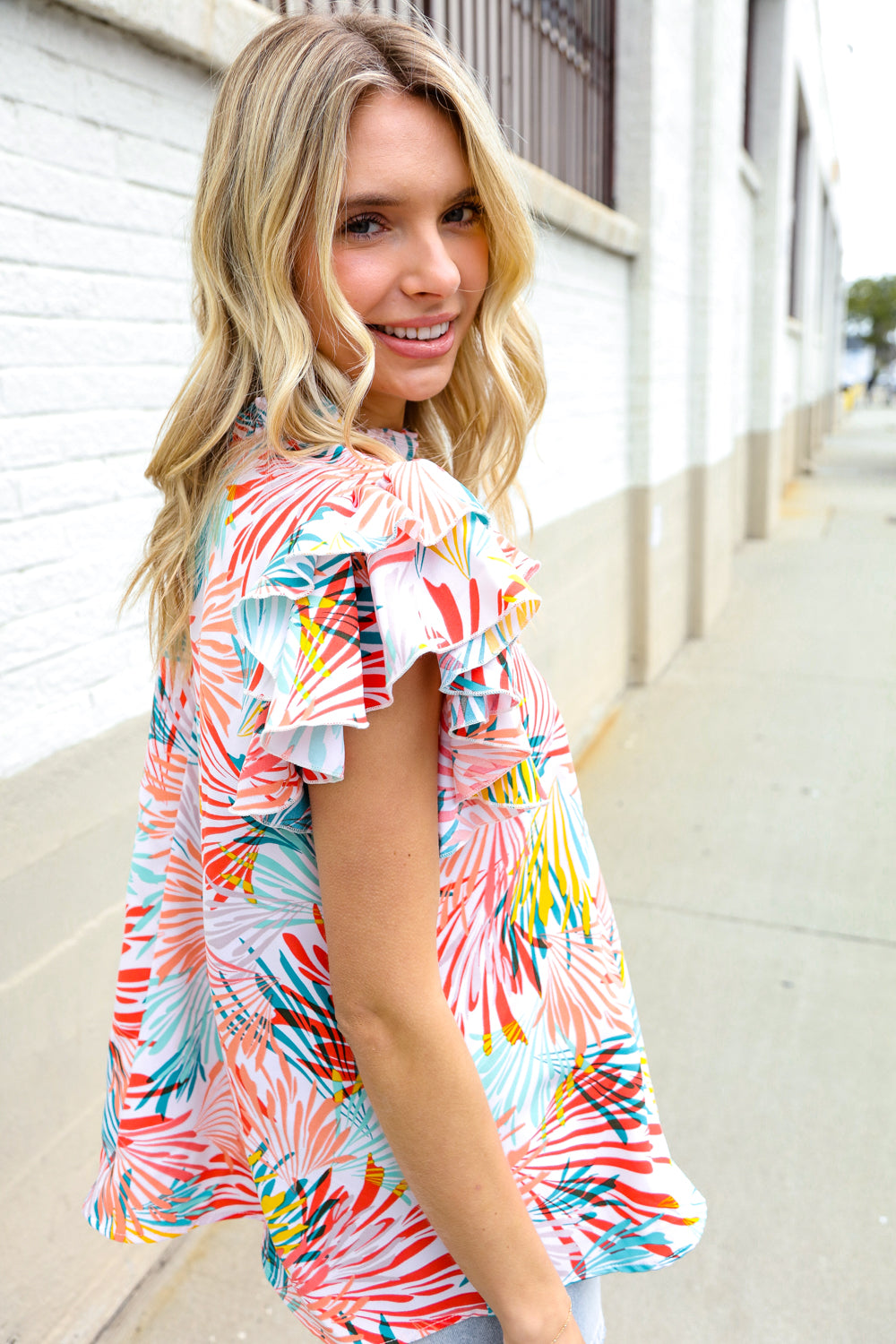 Eyes On You Ivory Abstract Print Frill Neck Double Flutter Sleeve Tops | Nikki &amp; Co. Boutique