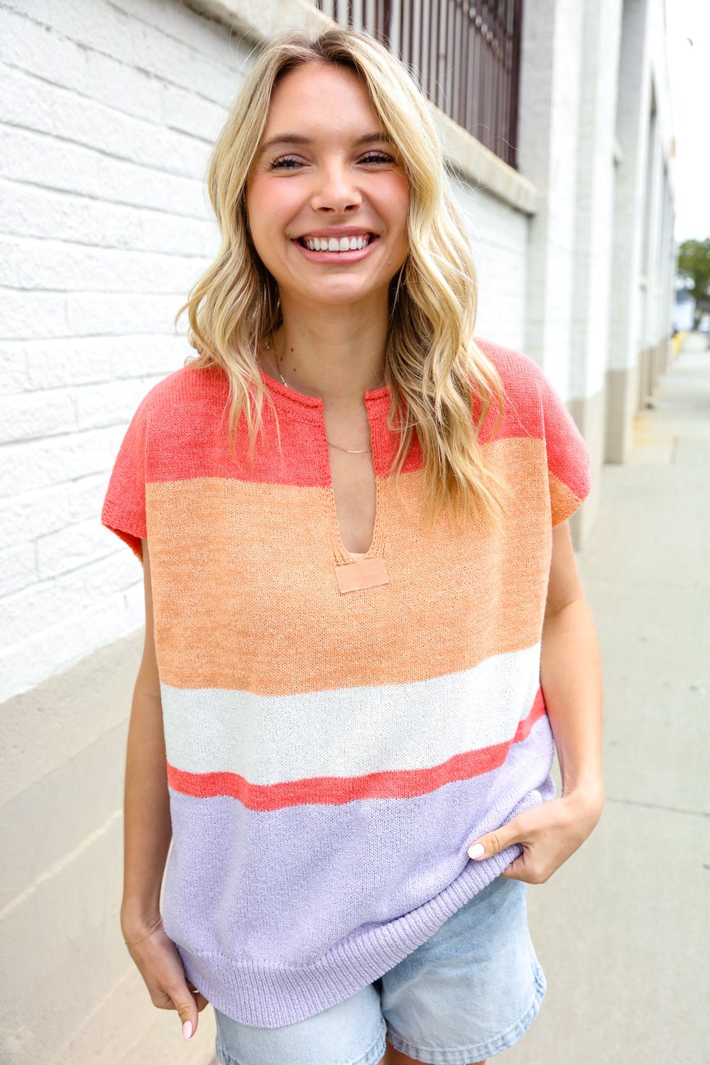 Lock Eyes Coral Notched Neck Drop Shoulder Sweater Top - Nikki &amp; Co. Boutique
