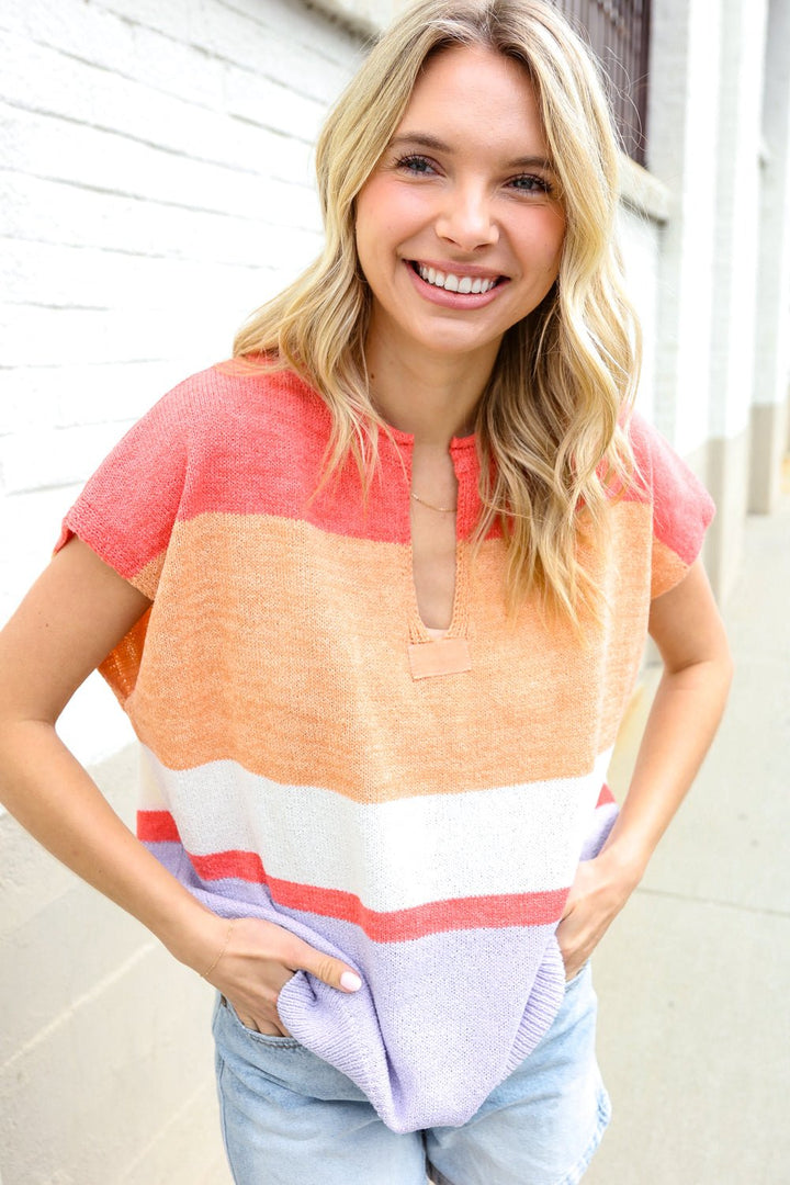 Lock Eyes Coral Notched Neck Drop Shoulder Sweater Top - Nikki &amp; Co. Boutique