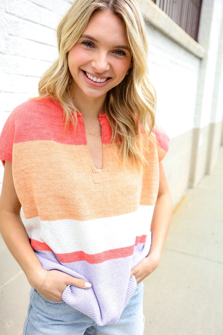 Lock Eyes Coral Notched Neck Drop Shoulder Sweater Top - Nikki &amp; Co. Boutique