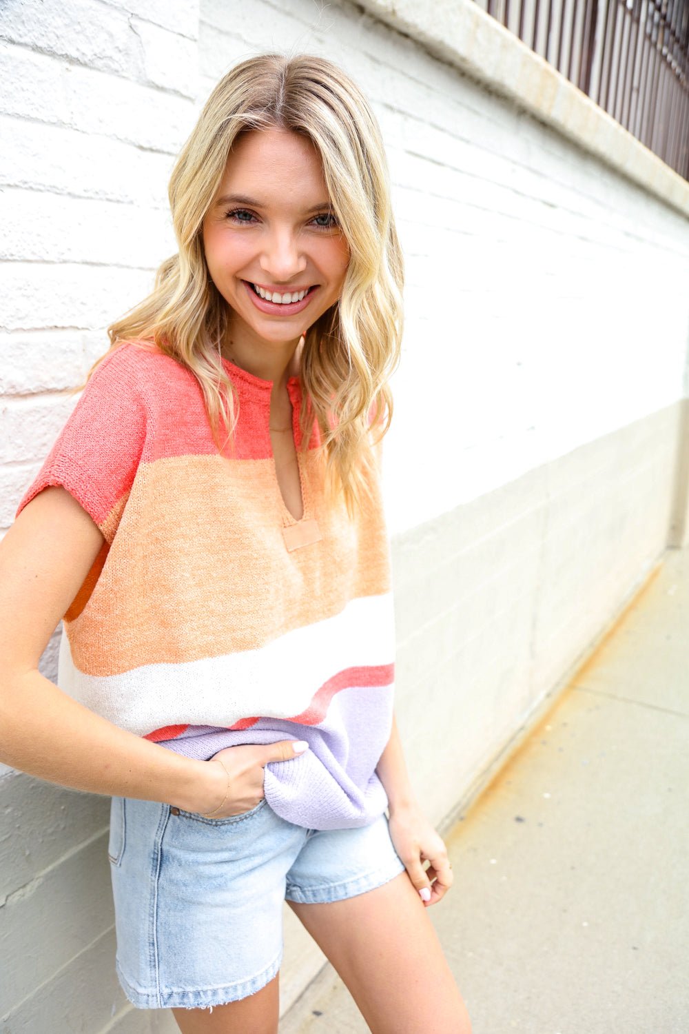 Lock Eyes Coral Notched Neck Drop Shoulder Sweater Top - Nikki &amp; Co. Boutique