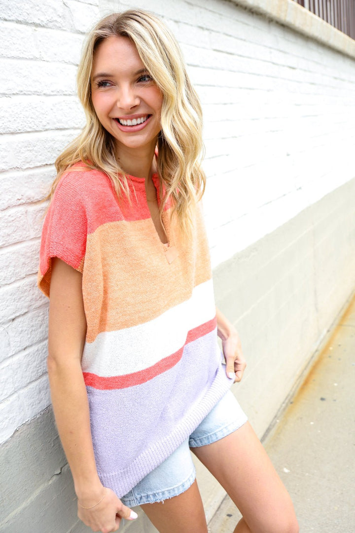 Lock Eyes Coral Notched Neck Drop Shoulder Sweater Top - Nikki &amp; Co. Boutique