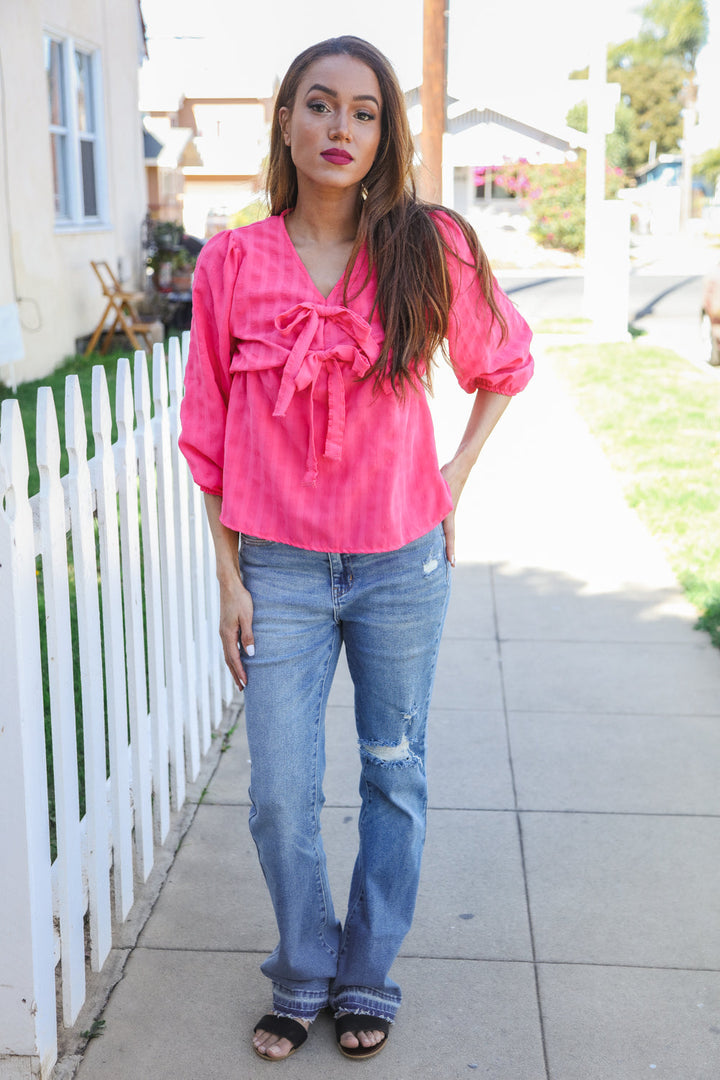 Stay With Me Pink V Neck Ribbon Bow Babydoll Woven Blouse | Nikki &amp; Co. Boutique