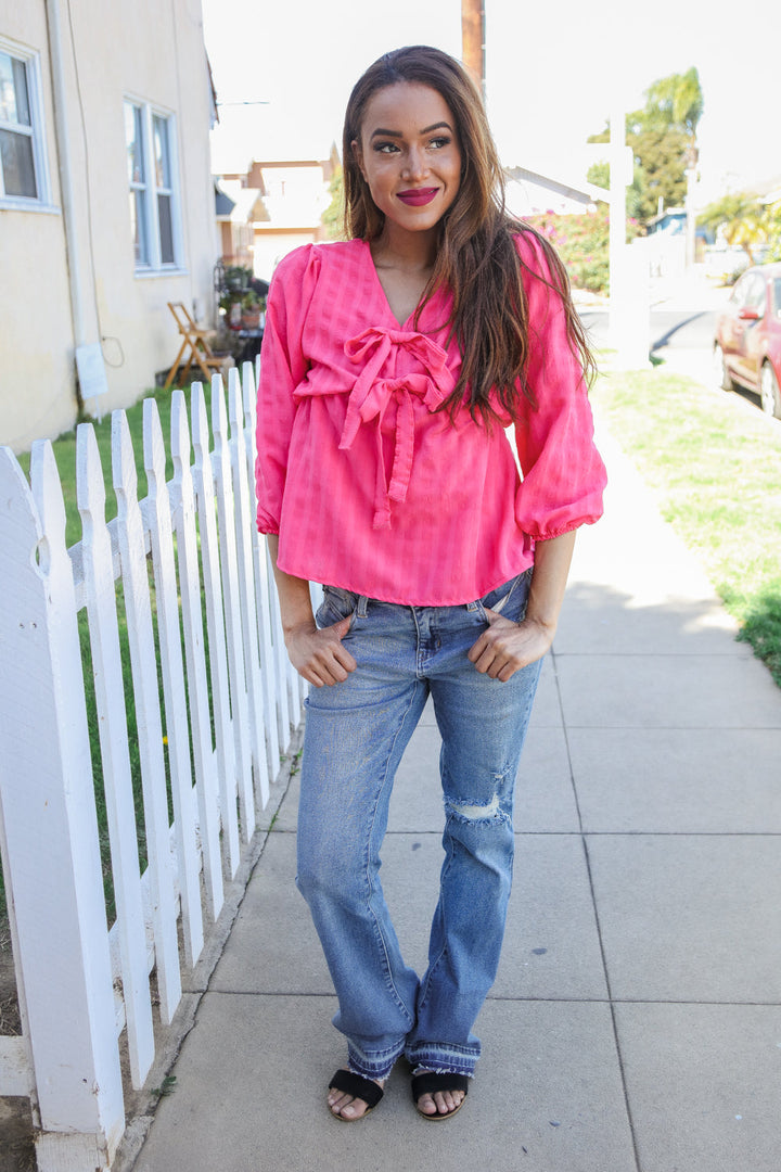 Stay With Me Pink V Neck Ribbon Bow Babydoll Woven Blouse | Nikki &amp; Co. Boutique