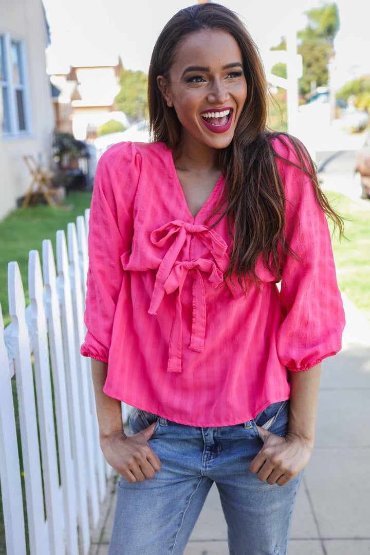 Stay With Me Pink V Neck Ribbon Bow Babydoll Woven Blouse | Nikki &amp; Co. Boutique