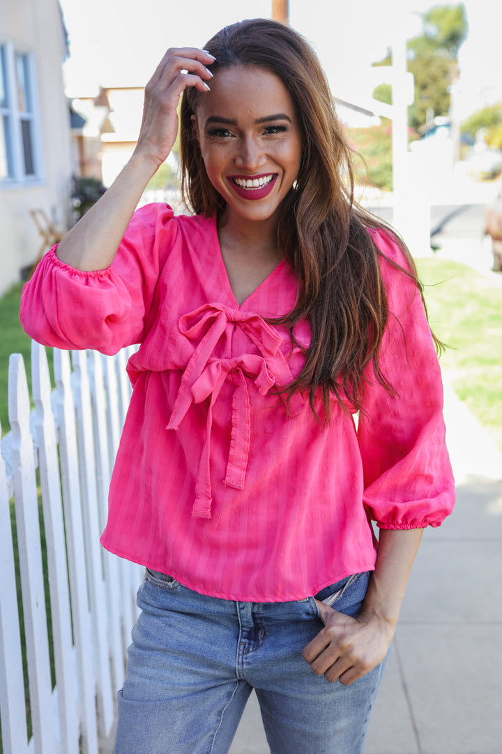 Stay With Me Pink V Neck Ribbon Bow Babydoll Woven Blouse | Nikki &amp; Co. Boutique
