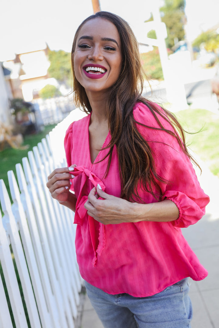 Stay With Me Pink V Neck Ribbon Bow Babydoll Woven Blouse | Nikki &amp; Co. Boutique