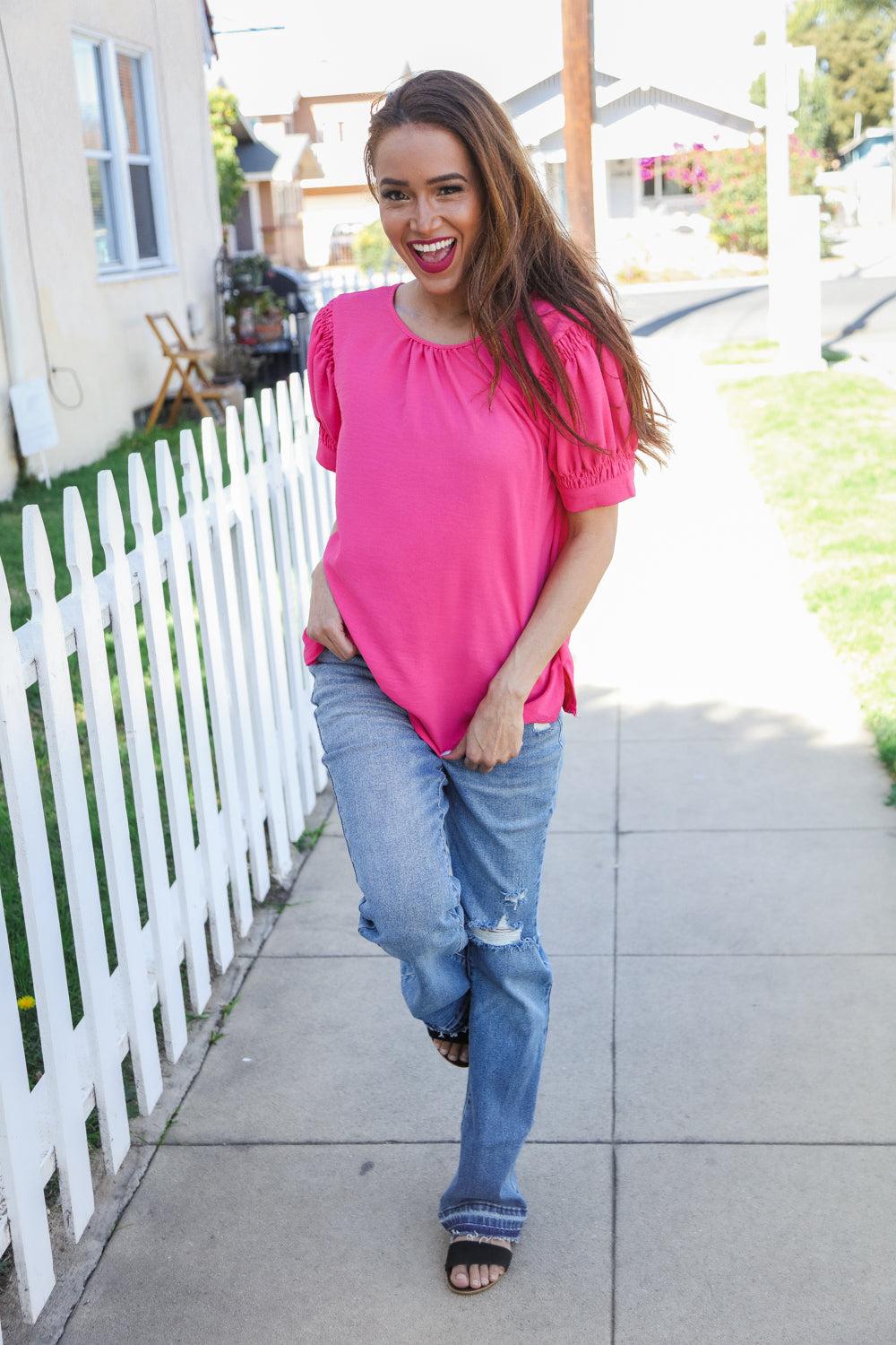 Perfectly You Solid Fuchsia Silk Shirred Cap Shorts Sleeve Blouse | Nikki &amp; Co. Boutique