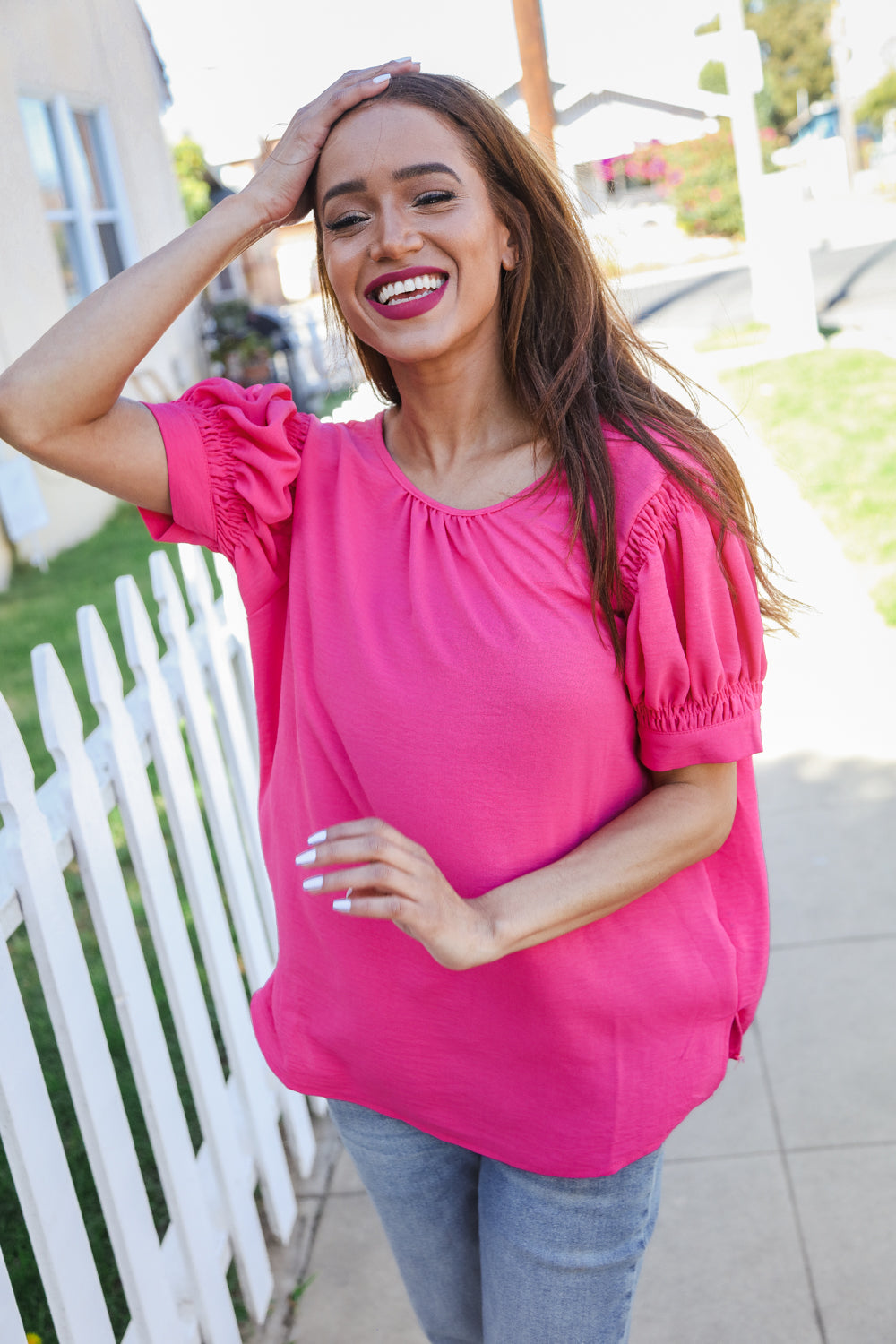 Perfectly You Solid Fuchsia Silk Shirred Cap Shorts Sleeve Blouse | Nikki &amp; Co. Boutique
