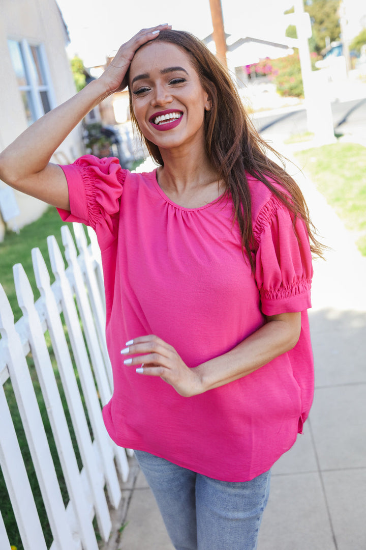 Perfectly You Solid Fuchsia Silk Shirred Cap Shorts Sleeve Blouse | Nikki &amp; Co. Boutique