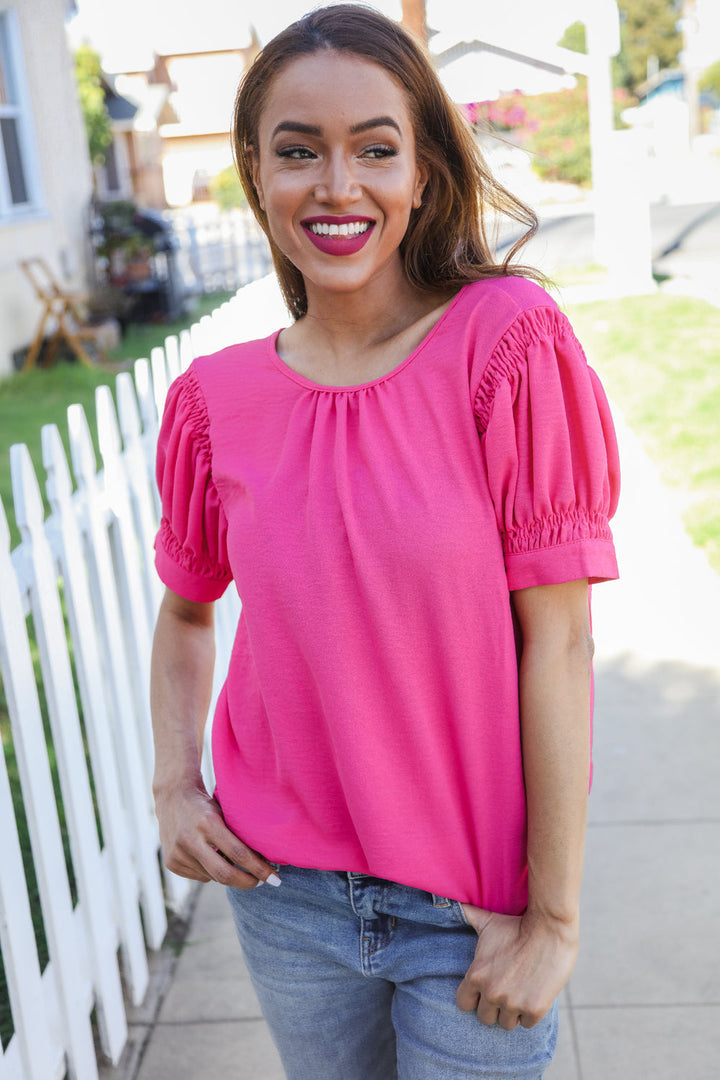 Perfectly You Solid Fuchsia Silk Shirred Cap Shorts Sleeve Blouse | Nikki &amp; Co. Boutique