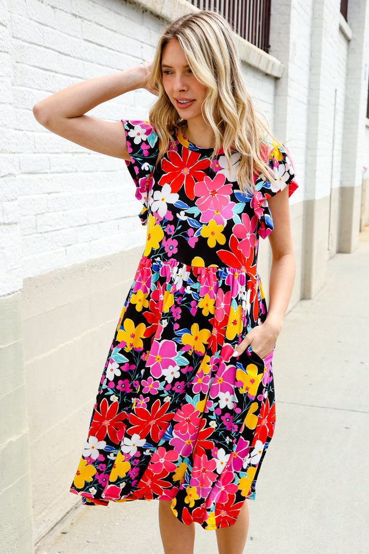Spread Joy Black &amp; Multicolor Floral Flutter Sleeve Babydoll Dress | Nikki &amp; Co. Boutique