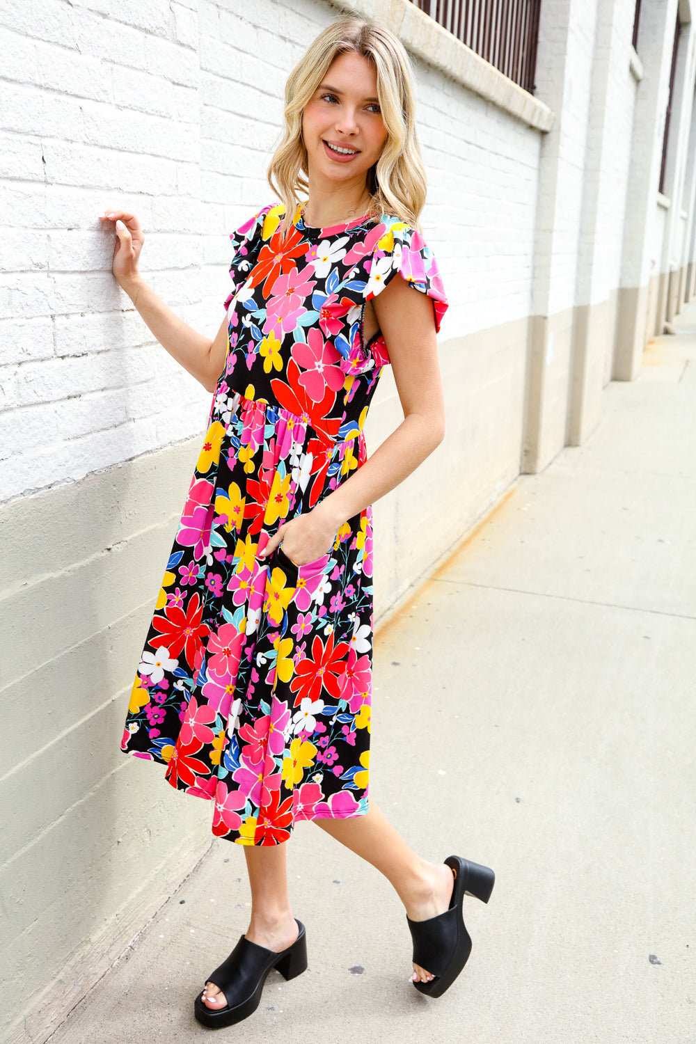Spread Joy Black &amp; Multicolor Floral Flutter Sleeve Babydoll Dress | Nikki &amp; Co. Boutique