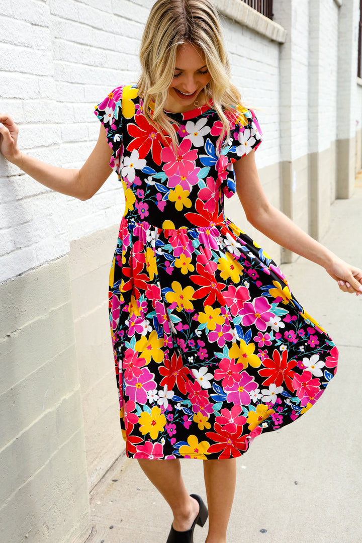 Spread Joy Black &amp; Multicolor Floral Flutter Sleeve Babydoll Dress | Nikki &amp; Co. Boutique