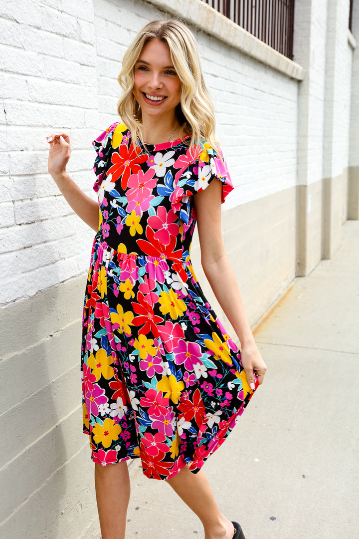Spread Joy Black &amp; Multicolor Floral Flutter Sleeve Babydoll Dress | Nikki &amp; Co. Boutique