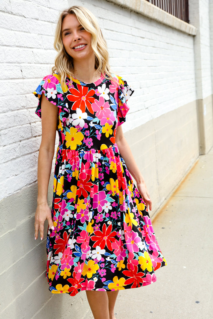 Spread Joy Black &amp; Multicolor Floral Flutter Sleeve Babydoll Dress | Nikki &amp; Co. Boutique