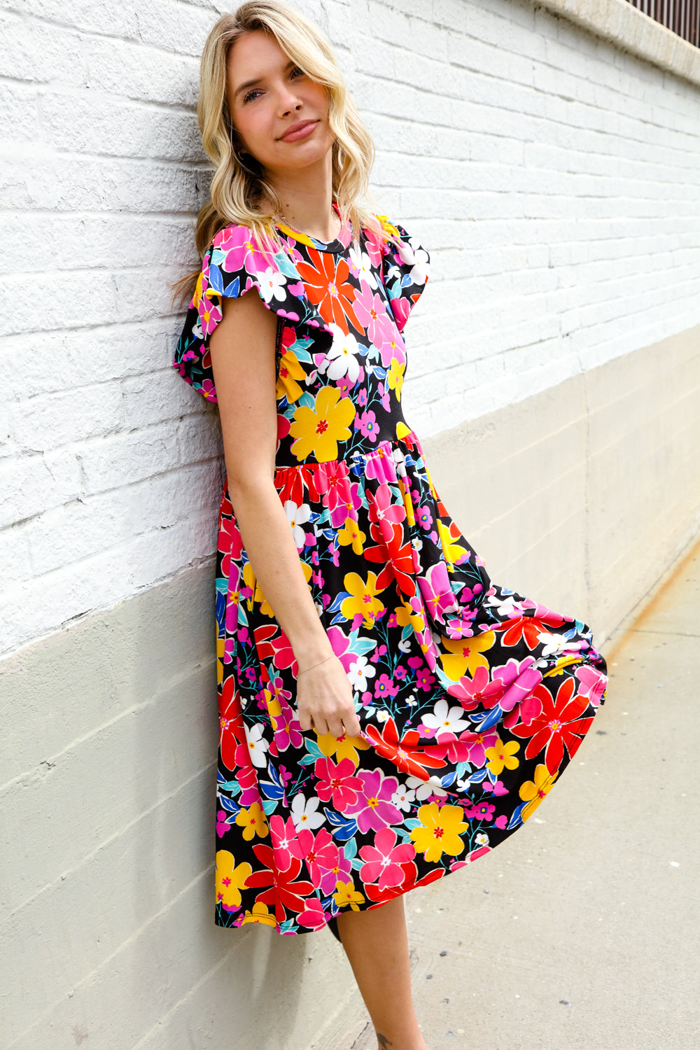 Spread Joy Black &amp; Multicolor Floral Flutter Sleeve Babydoll Dress | Nikki &amp; Co. Boutique